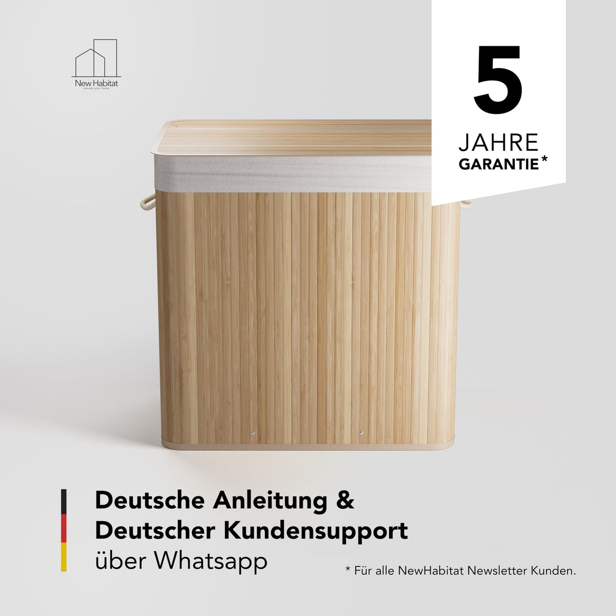 Bambus-Wäschekorb mit 3 Fächern & Deckel – 150 L