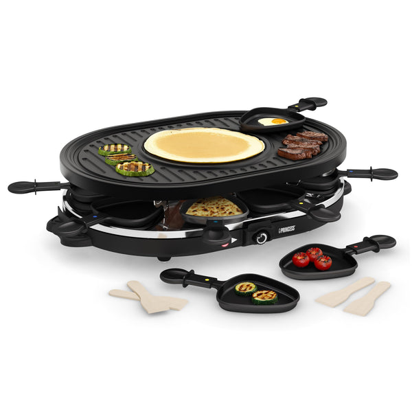 Princess Raclette-Grill oval – 8 Pfännchen, mit Crêpes-Fläche, 1200 W