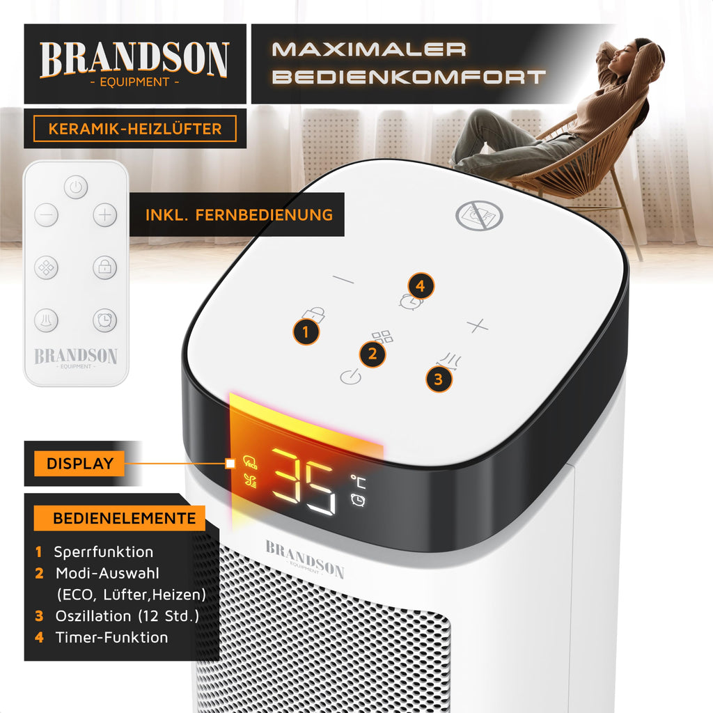 Brandson Keramik-Heizlüfter 2000 W – ECO-Modus, Oszillation, Fernbedienung