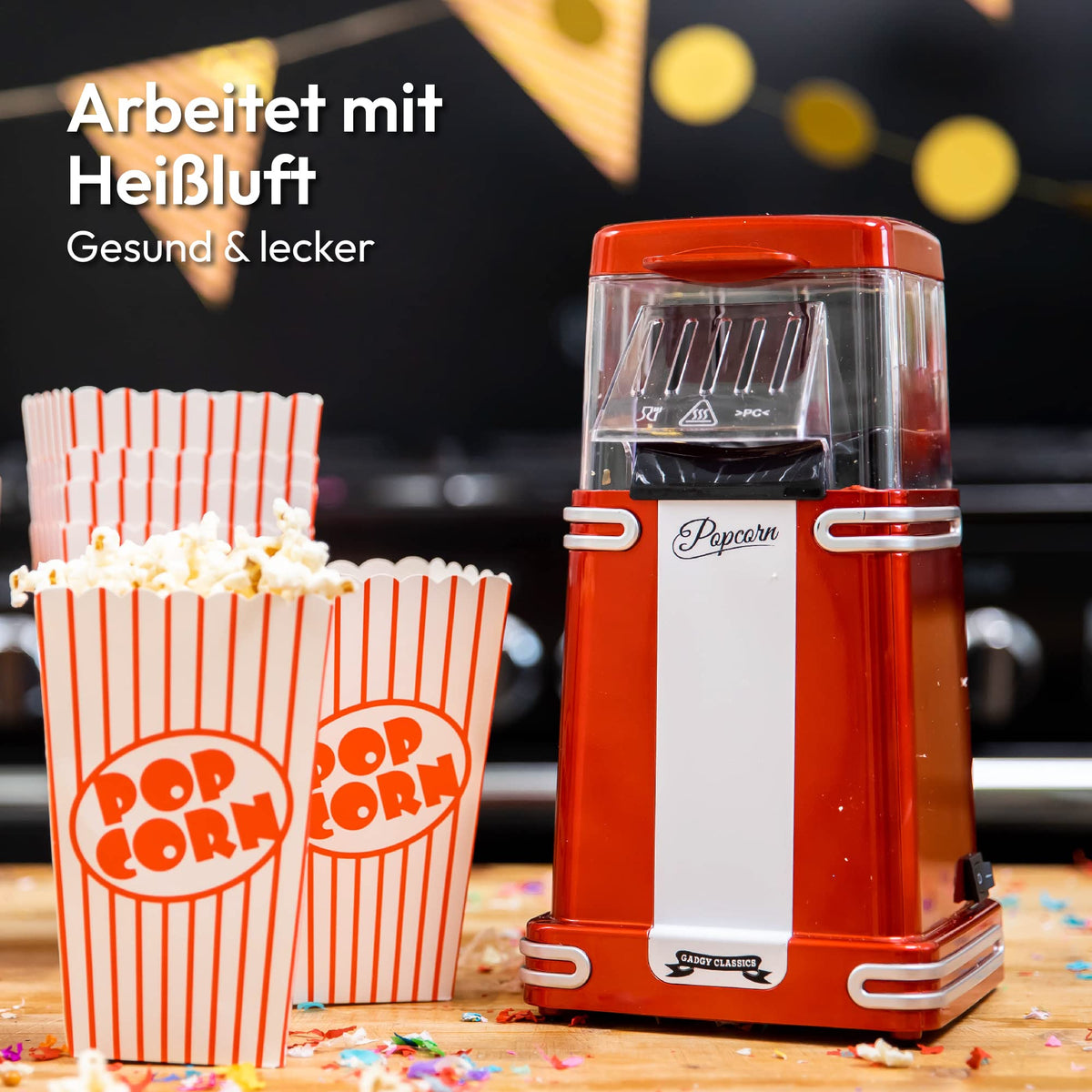Gadgy Popcornmaschine Heißluft – 1200 W, ölfrei, Retro Rot