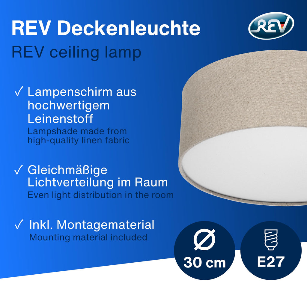 Deckenleuchte mit Stoffschirm – rund, Leinenoptik, 2 x E27