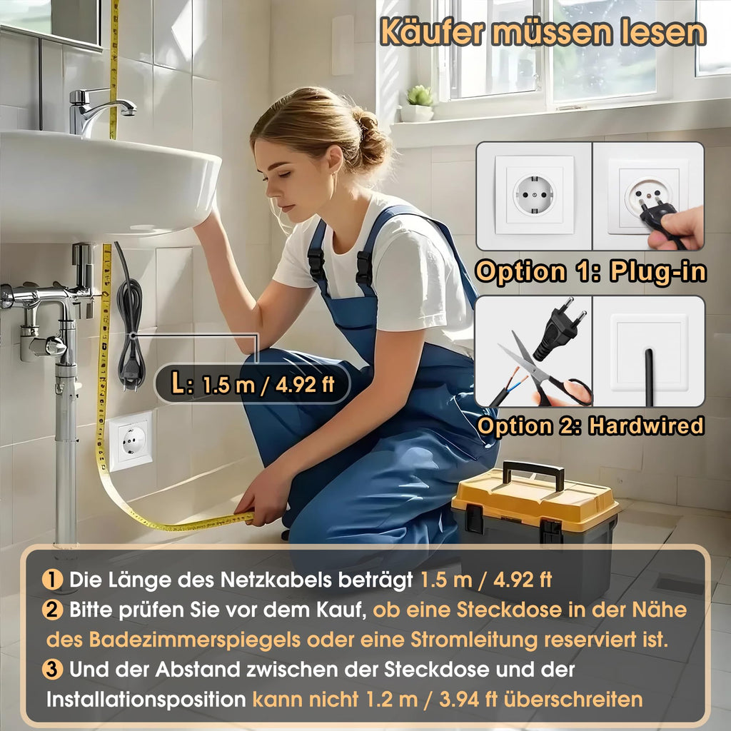 LED-Badspiegel mit Beleuchtung – dimmbar, 3 Lichtfarben, rahmenlos