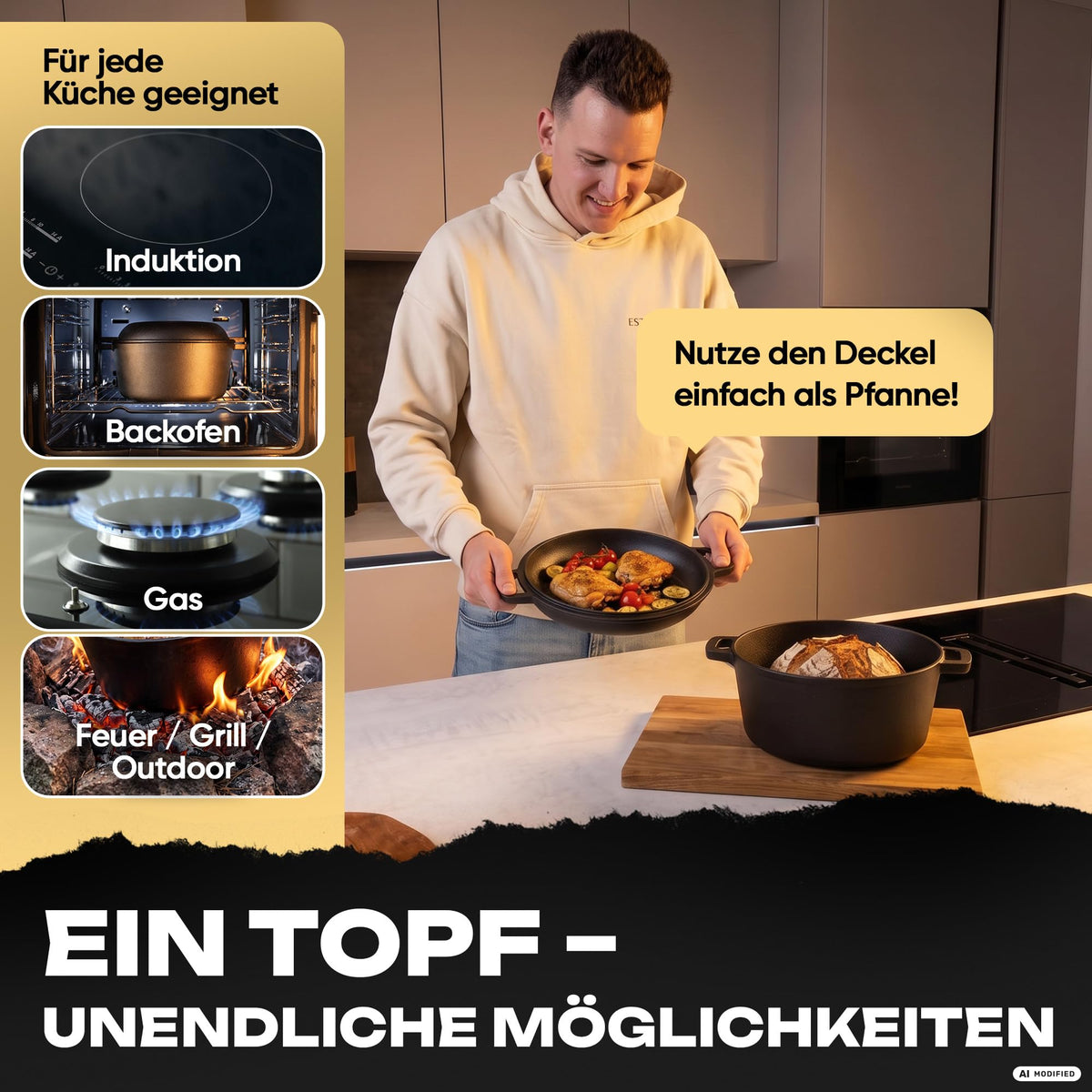 Gusseisen Brotbacktopf Ø 26 cm mit Deckel – für alle Herdarten & Backofen