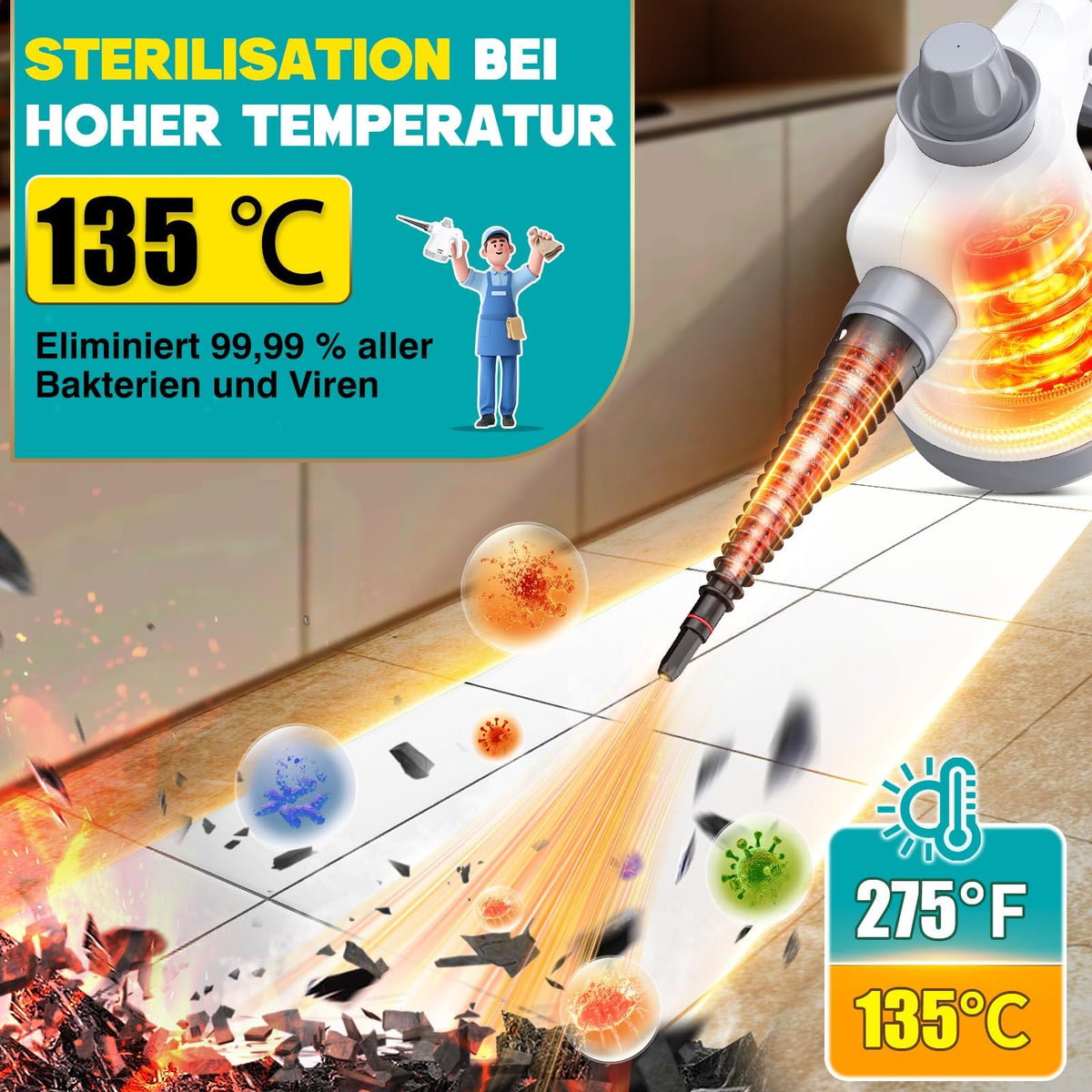 Hand-Dampfreiniger 1050 W mit 12-teiligem Zubehör