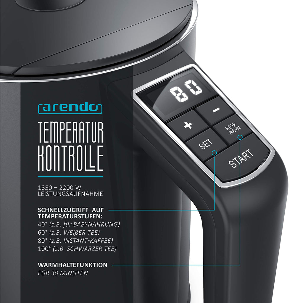 Arendo Edelstahl-Wasserkocher mit Temperatureinstellung 40–100 °C – 1,5 L