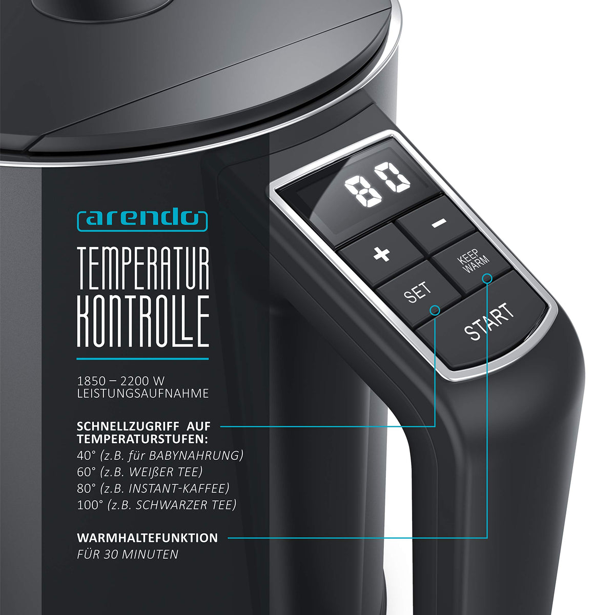 Arendo Edelstahl-Wasserkocher mit Temperatureinstellung 40–100 °C – 1,5 L