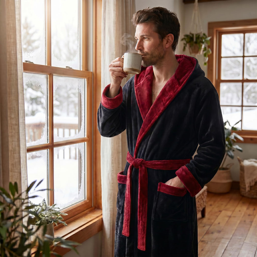 Herren-Fleece-Bademantel mit Kapuze – flauschig, lang, warm