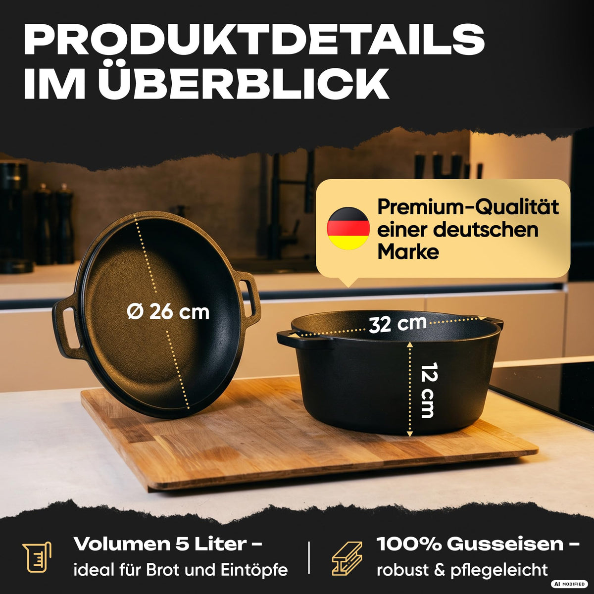 Gusseisen Brotbacktopf Ø 26 cm mit Deckel – für alle Herdarten & Backofen