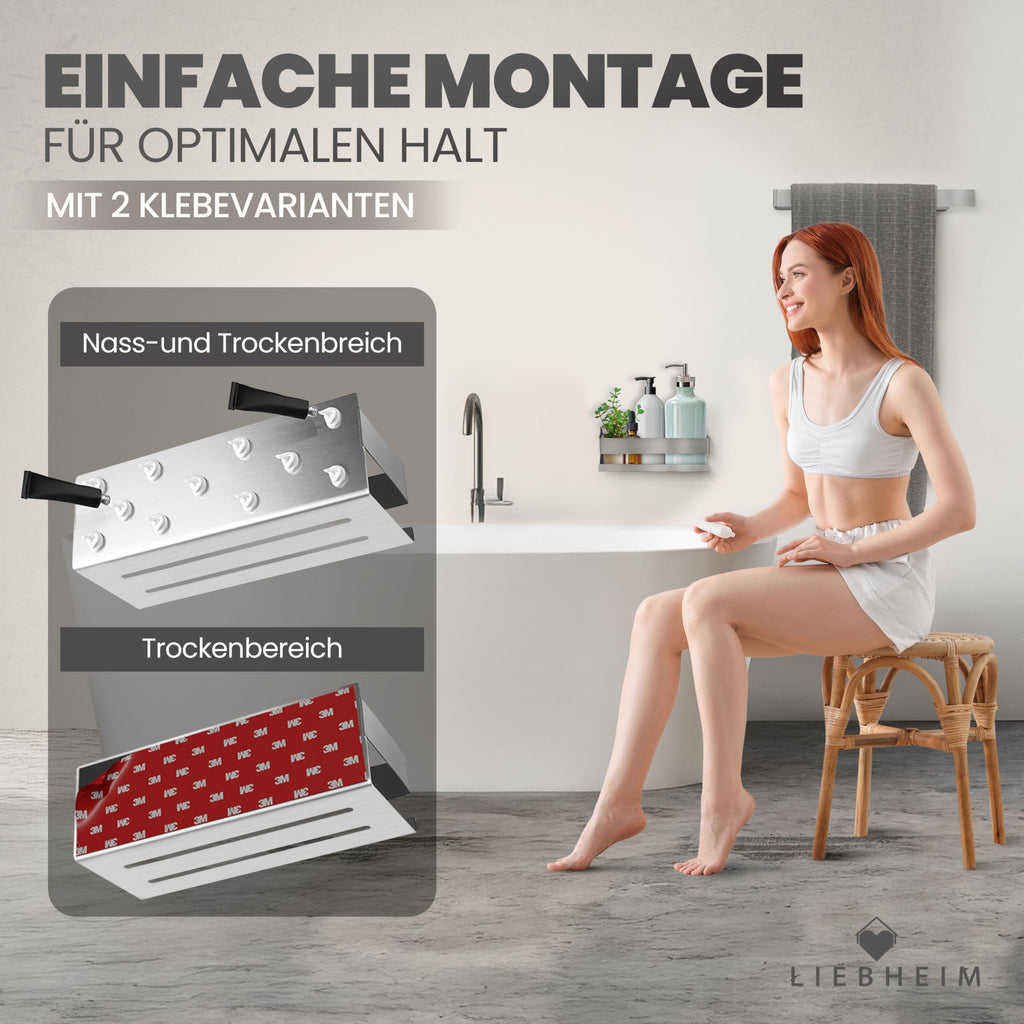 Duschablage ohne Bohren aus Edelstahl – mit Haken