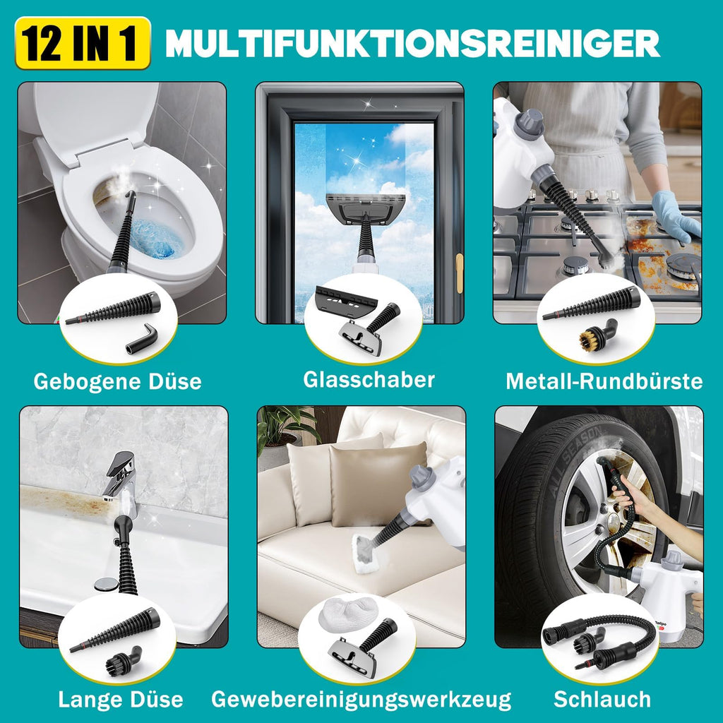 Hand-Dampfreiniger 1050 W mit 12-teiligem Zubehör