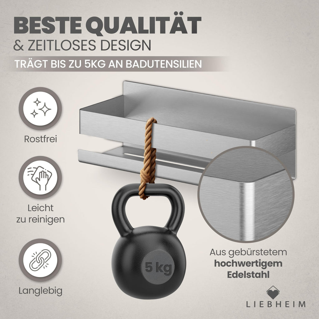 Duschablage ohne Bohren aus Edelstahl – mit Haken