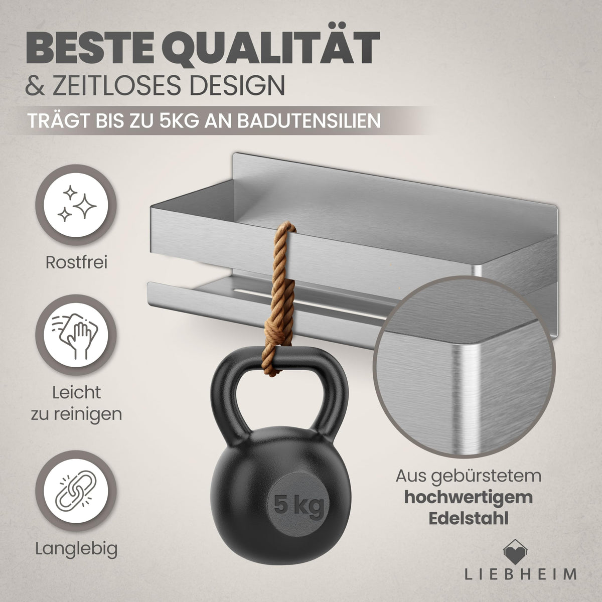 Duschablage ohne Bohren aus Edelstahl – mit Haken