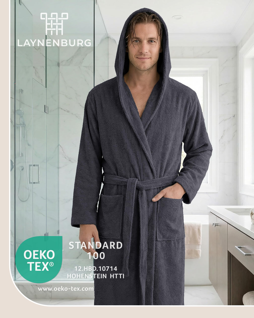 Herren Bademantel aus Frottee mit Kapuze – 100 % Baumwolle