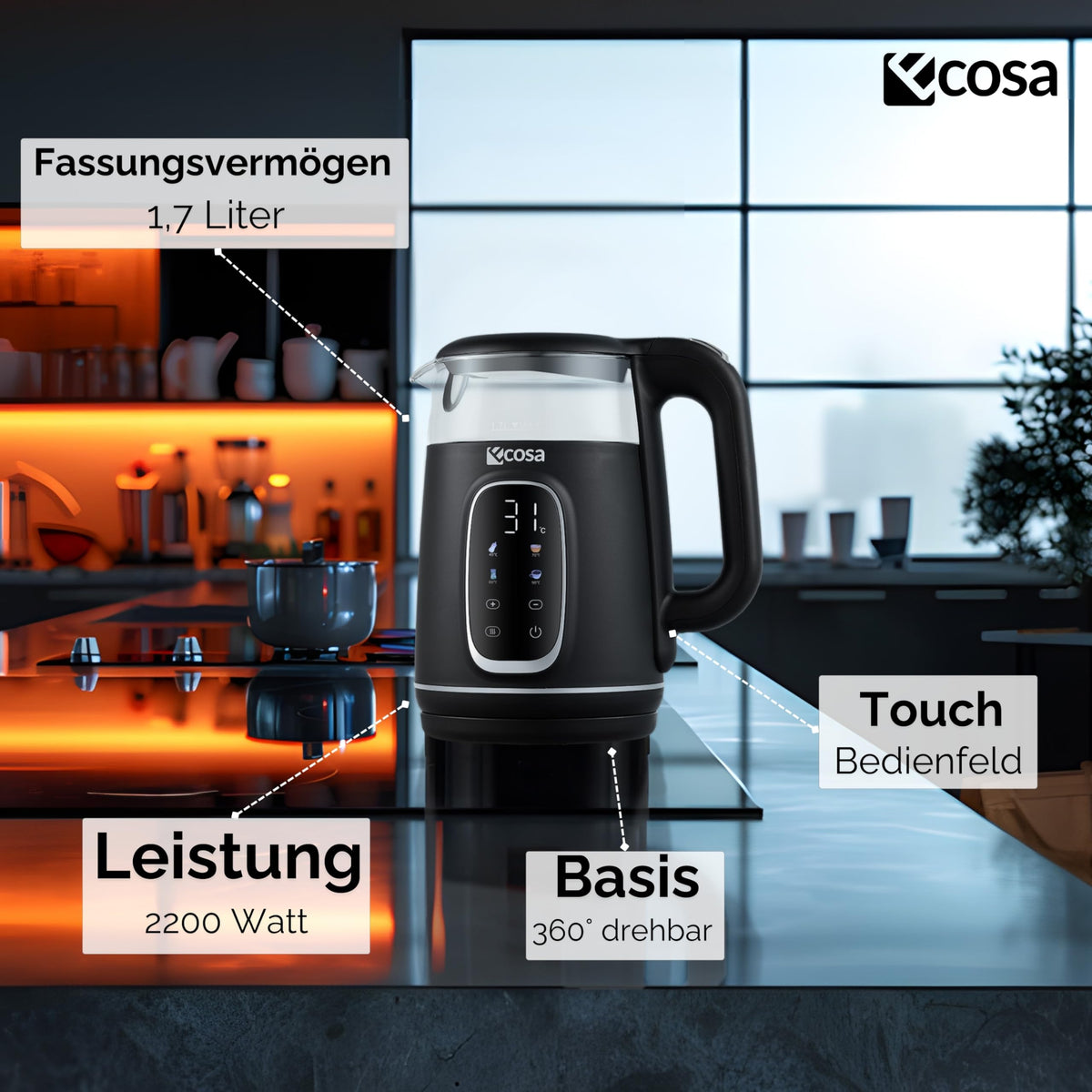 Glas-Wasserkocher mit Temperatureinstellung 40–100 °C – 1,7 L, LED
