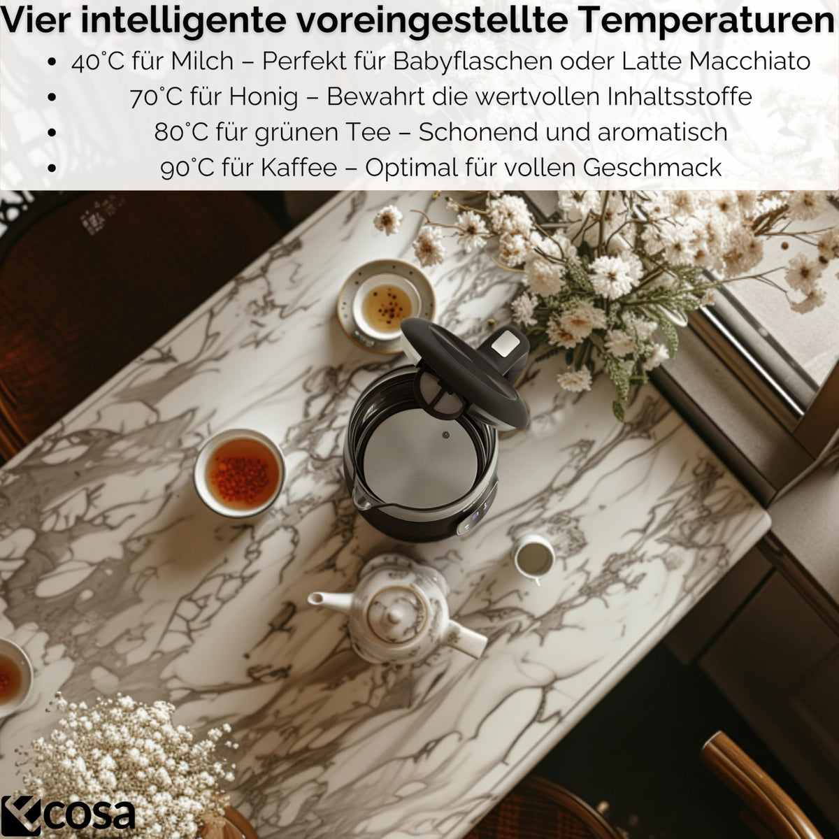 Glas-Wasserkocher mit Temperatureinstellung 40–100 °C – 1,7 L, LED