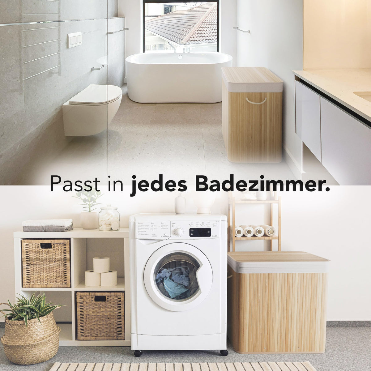 Bambus-Wäschekorb mit 3 Fächern & Deckel – 150 L