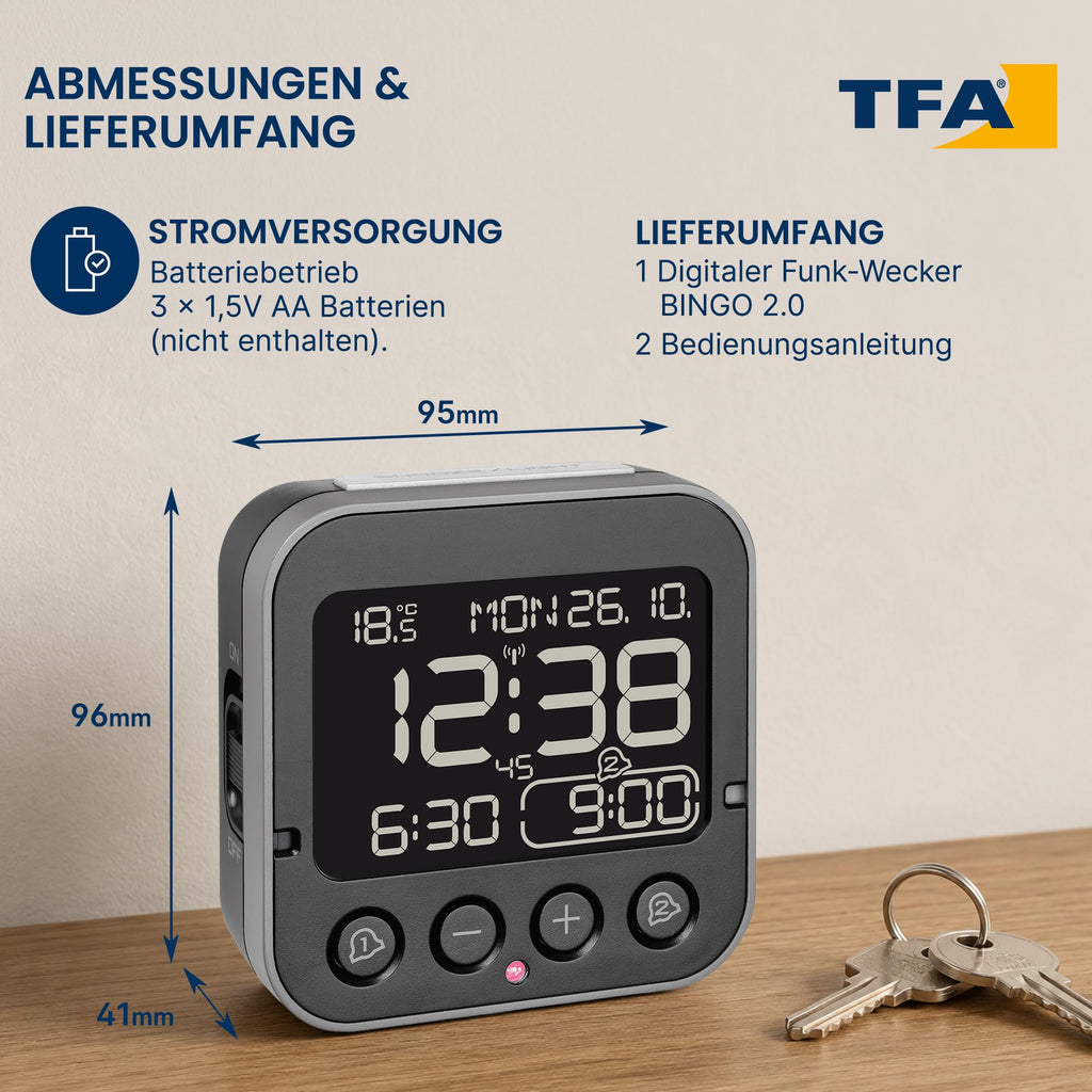 TFA Dostmann Bingo 2.0 Funkwecker – digital, mit Temperaturanzeige
