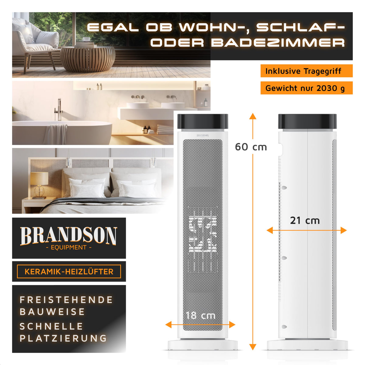 Brandson Keramik-Heizlüfter 2000 W – ECO-Modus, Oszillation, Fernbedienung