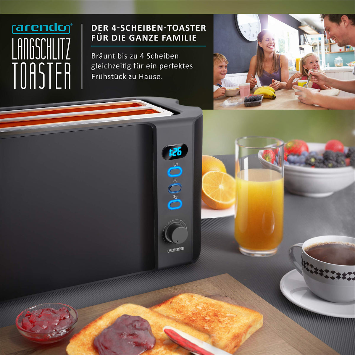 Arendo Langschlitz-Toaster mit Restzeitanzeige – 4 Scheiben, 1500 W
