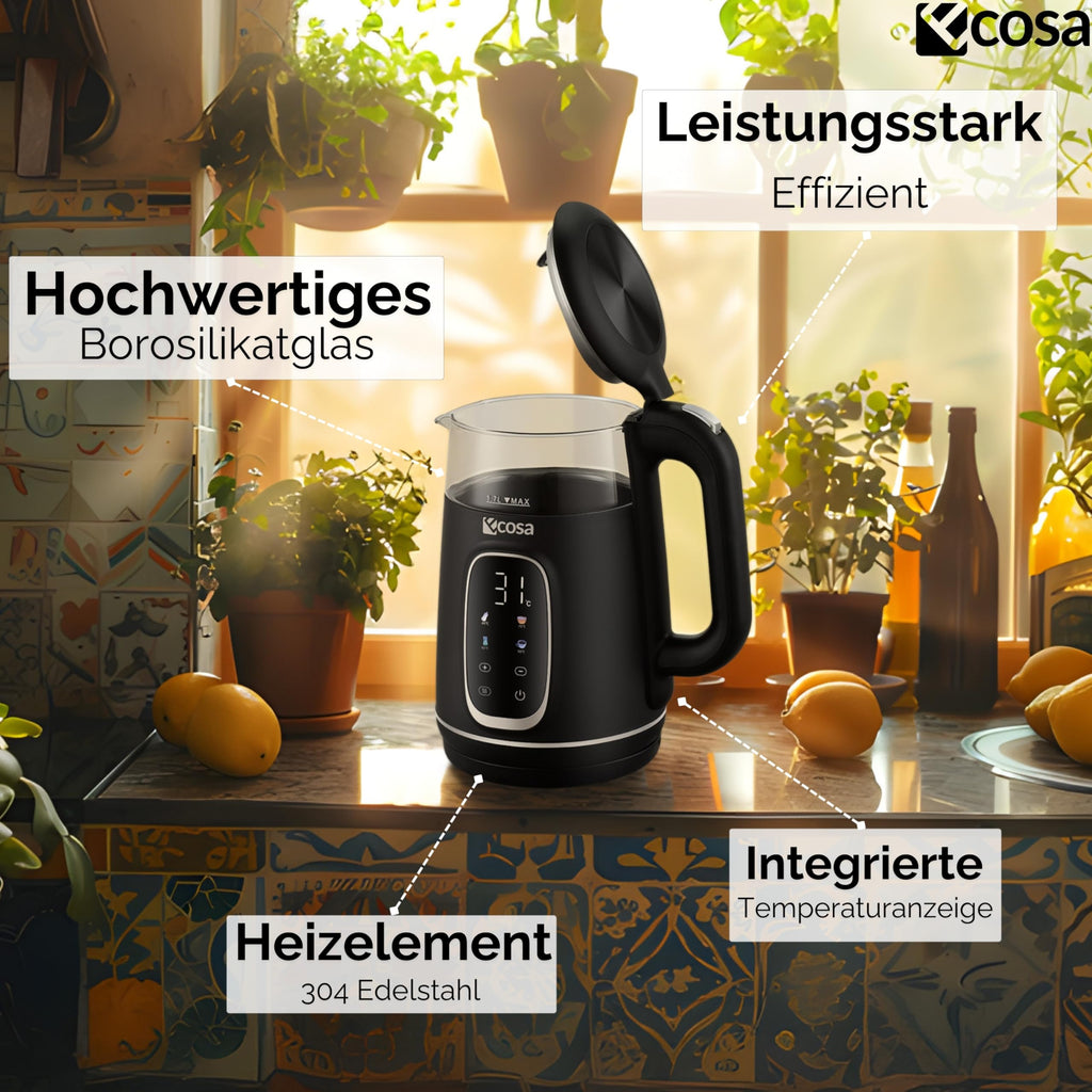 Glas-Wasserkocher mit Temperatureinstellung 40–100 °C – 1,7 L, LED