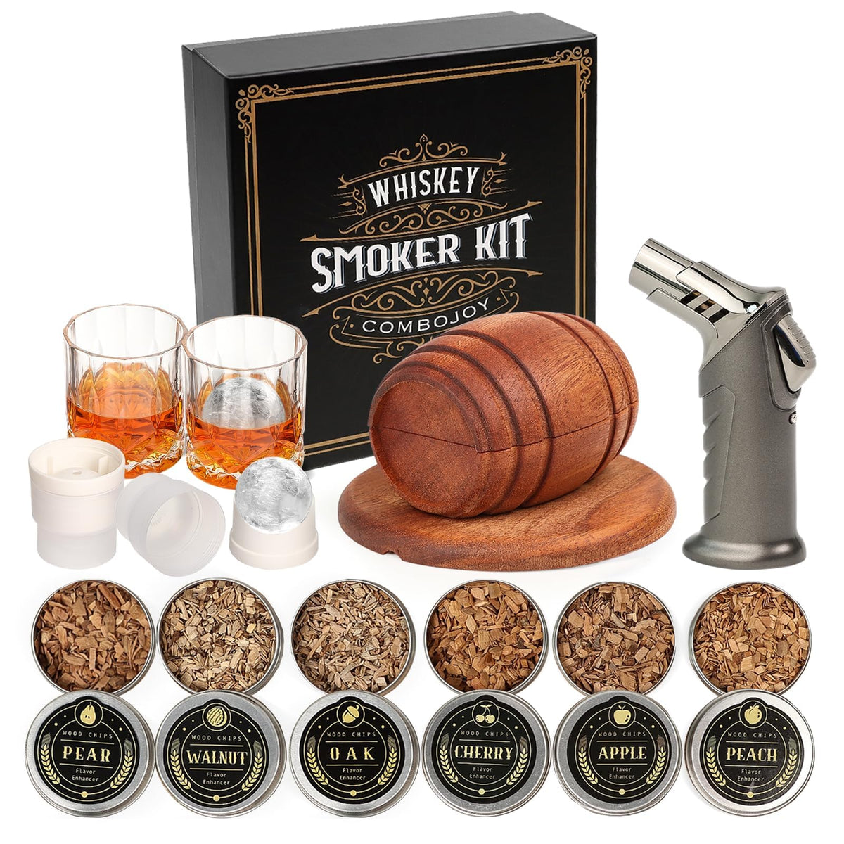 Cocktail-Smoker-Set mit Brenner – Whiskey-Räucherset mit 6 Holzchips & 2 Gläsern