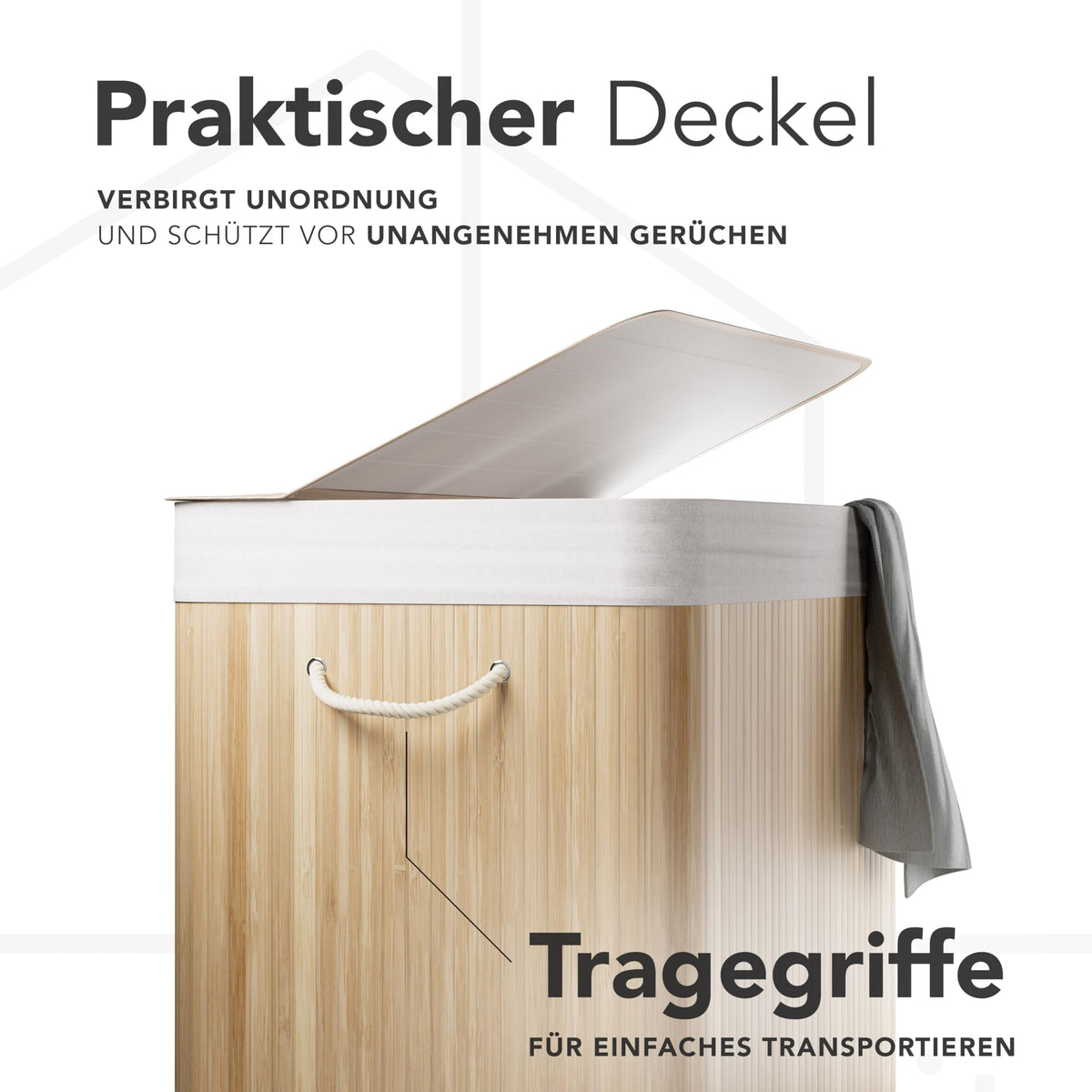 Bambus-Wäschekorb mit 3 Fächern & Deckel – 150 L