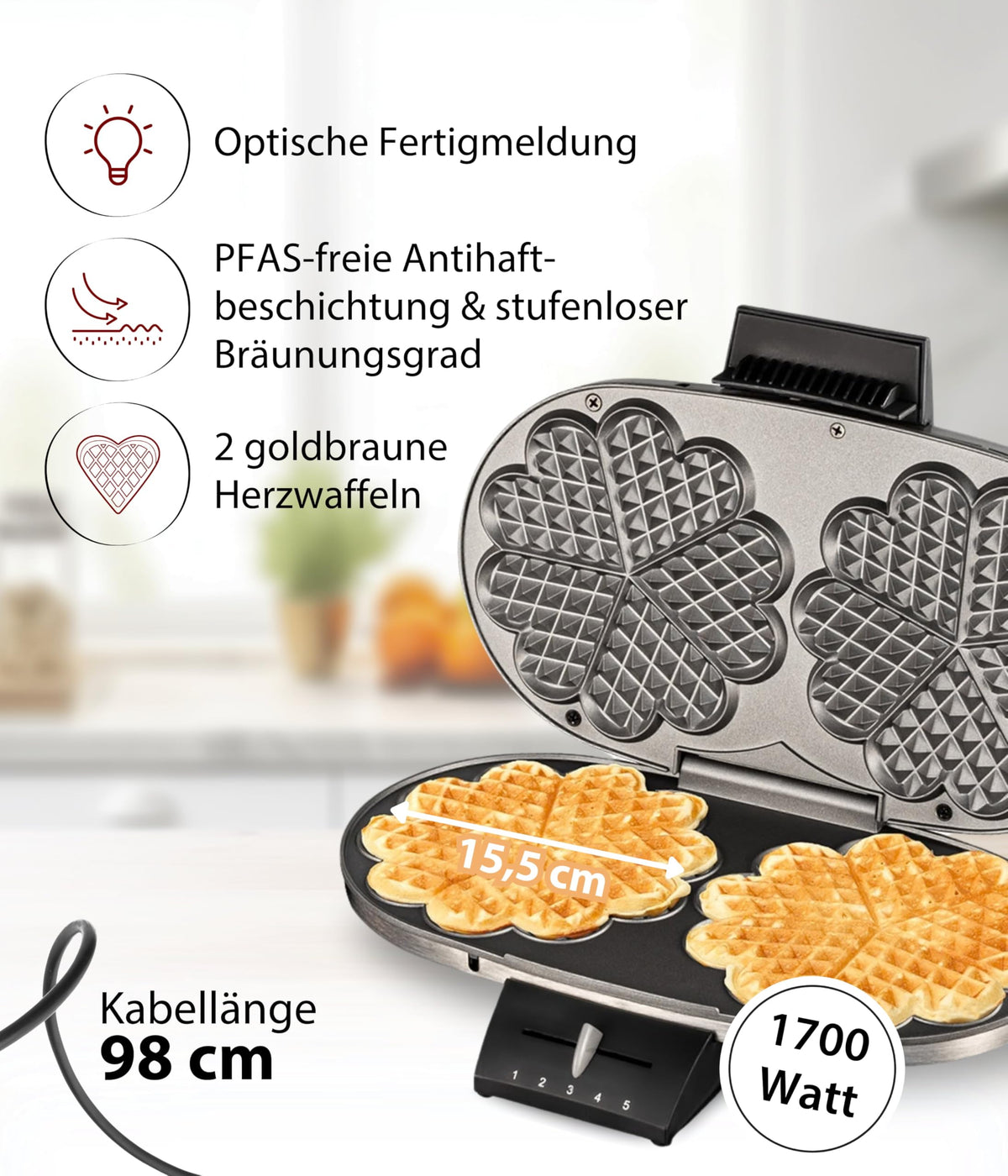 Cloer 1329 Doppel-Herzwaffeleisen – 1700 W, PFAS-frei