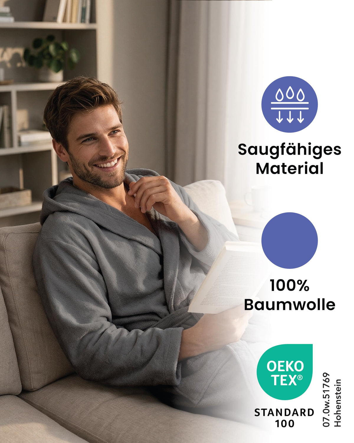 Herren-Bademantel aus Frottee mit Kapuze – 100 % Baumwolle, Oeko-Tex