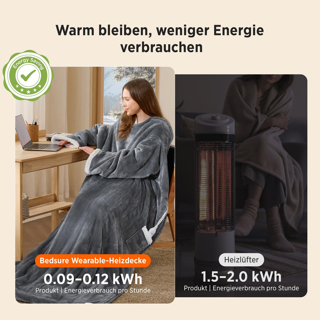 Beheizbare Kuscheldecke mit Ärmeln – 127 x 180 cm, 6 Heizstufen, Timer, Grau