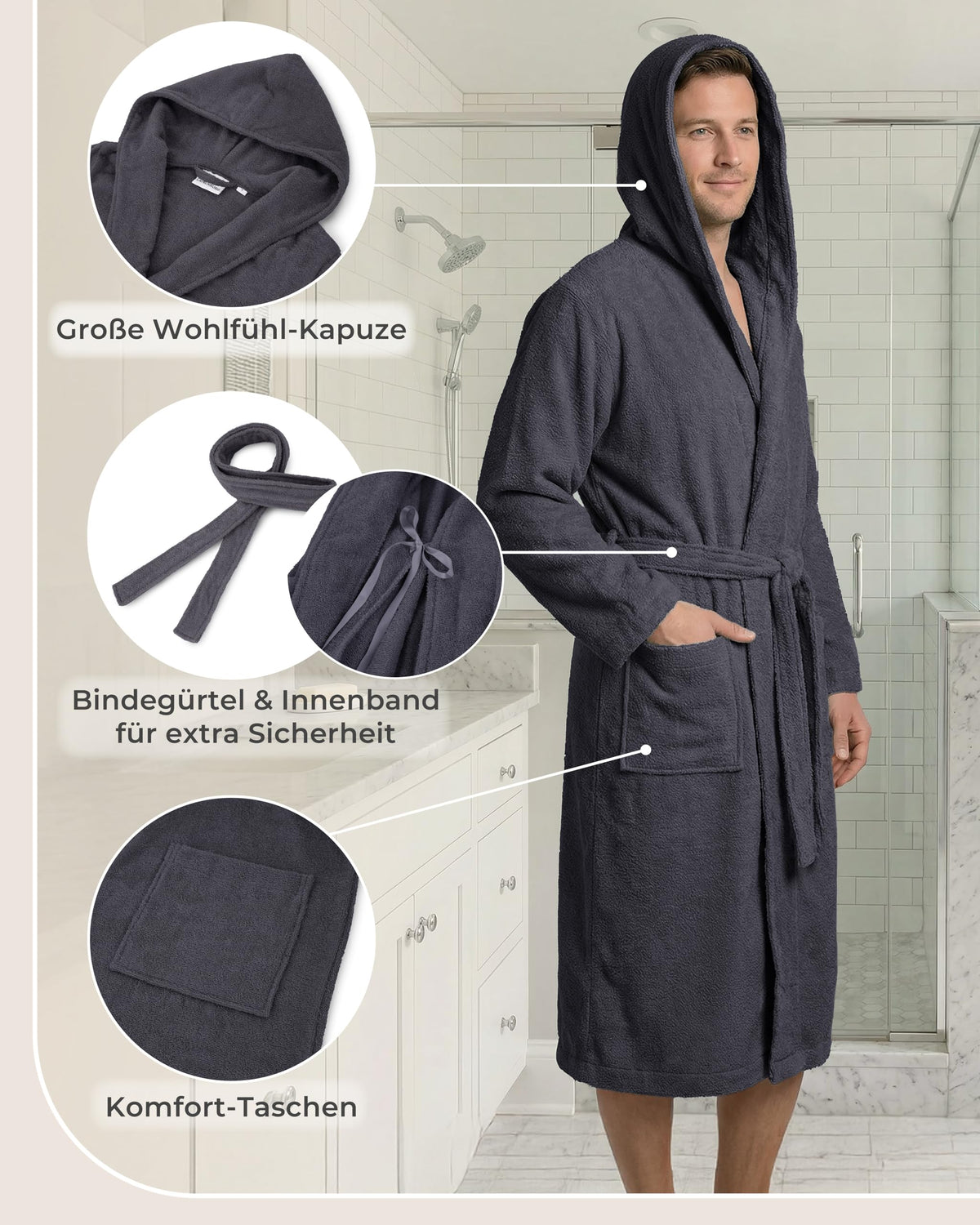 Herren Bademantel aus Frottee mit Kapuze – 100 % Baumwolle