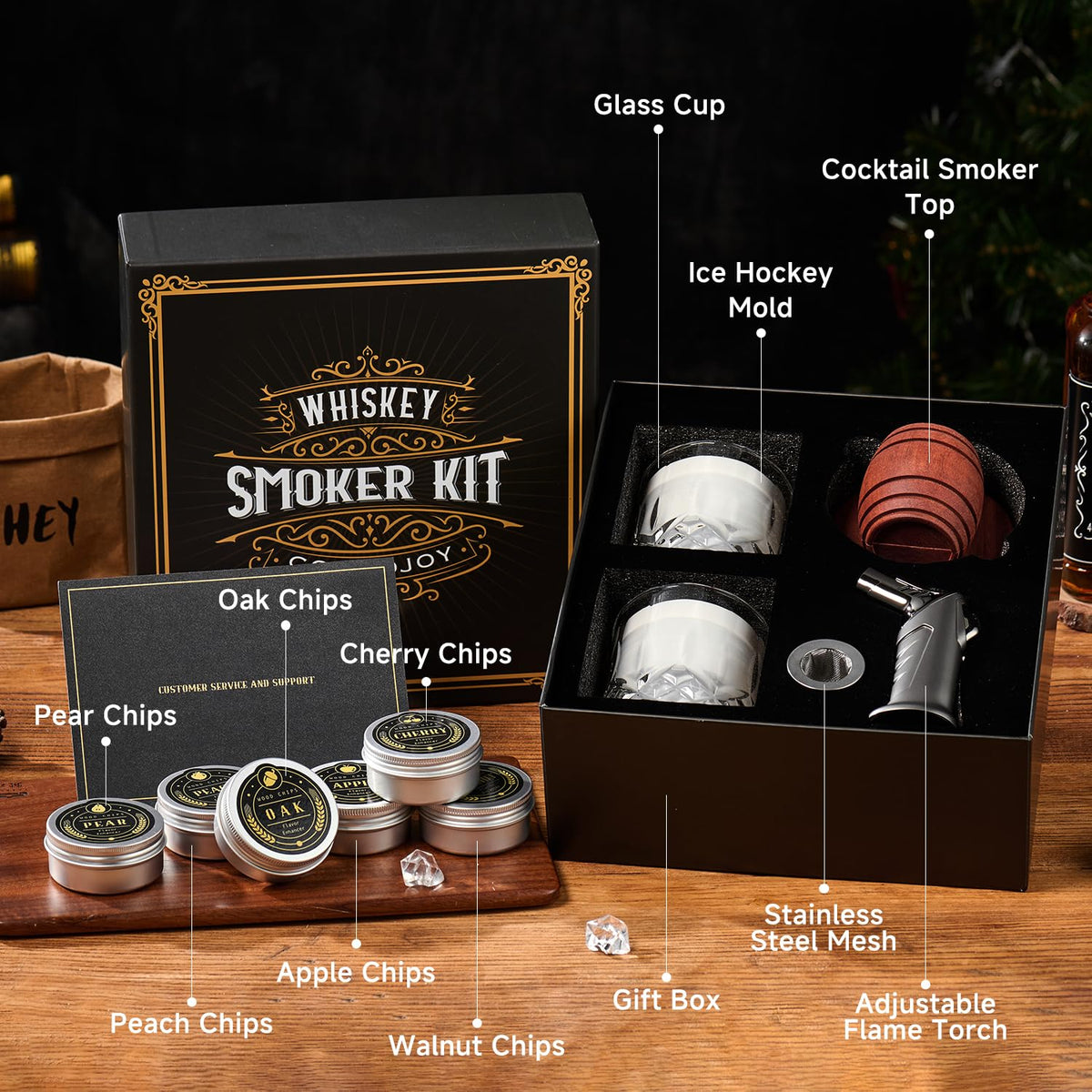 Cocktail-Smoker-Set mit Brenner – Whiskey-Räucherset mit 6 Holzchips & 2 Gläsern