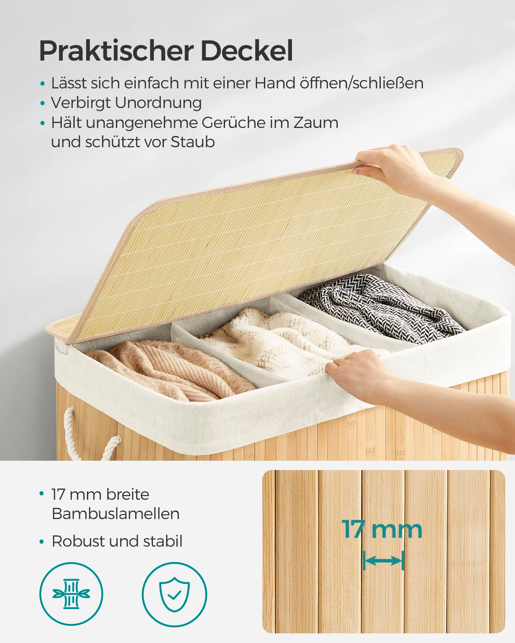 Bambus-Wäschekorb mit 3 Fächern & Deckel – 150 L, faltbar