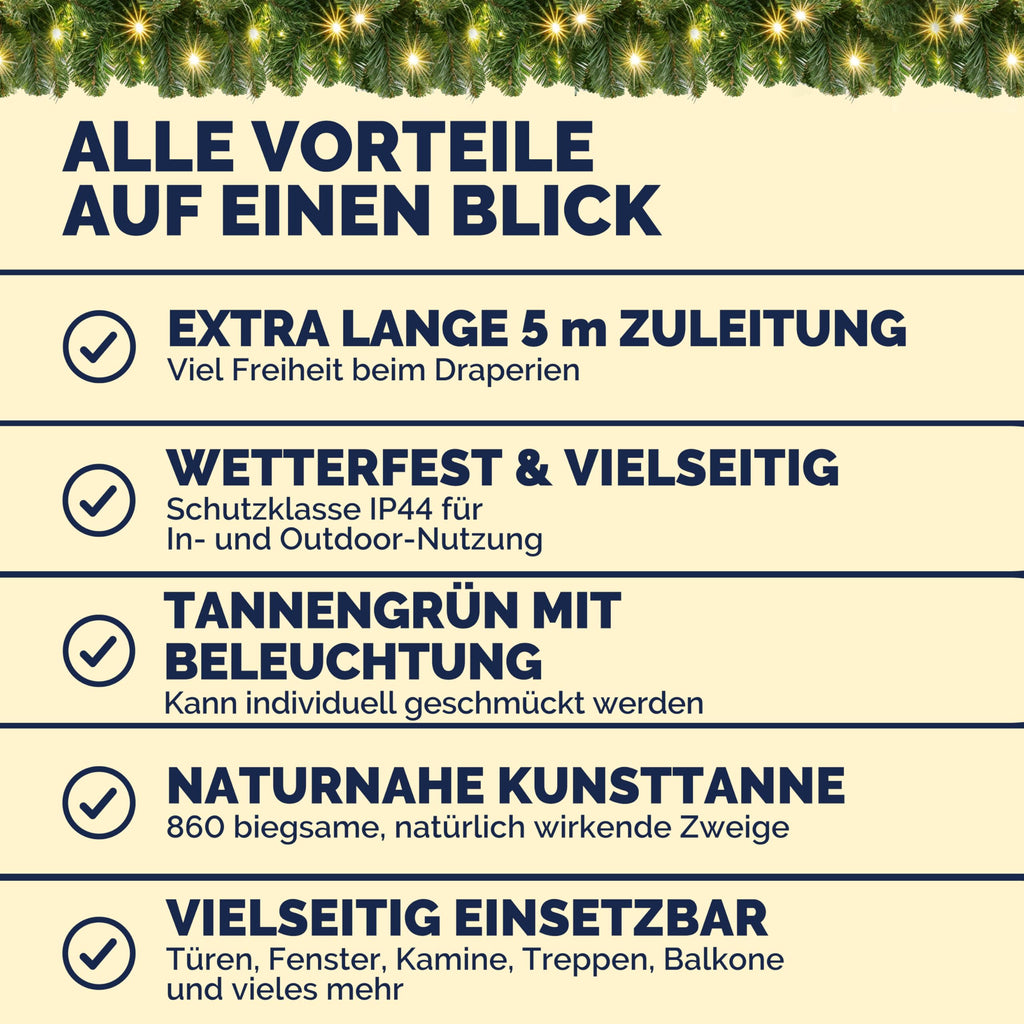 Weihnachtsgirlande mit LED-Beleuchtung – 5 oder 10 m, innen & außen
