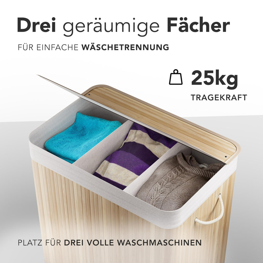 Bambus-Wäschekorb mit 3 Fächern & Deckel – 150 L