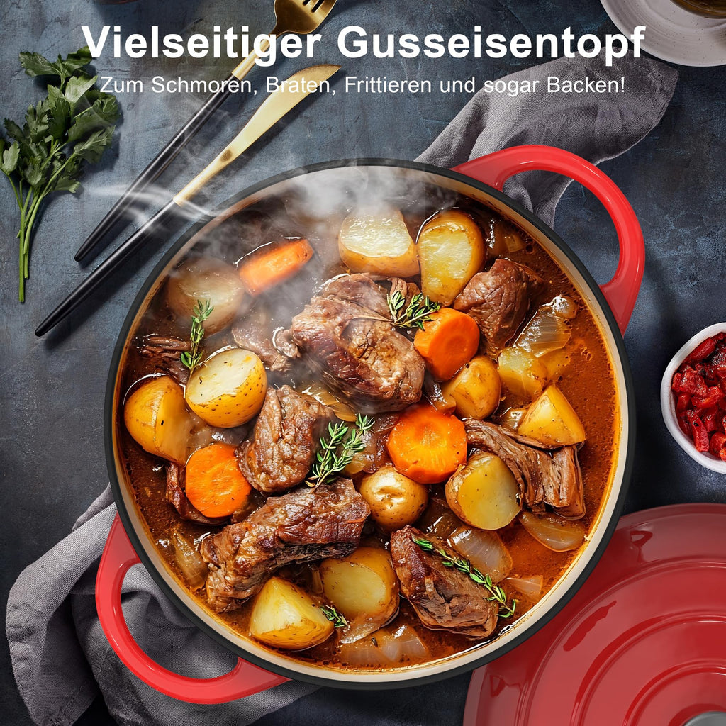 Gusseisen-Brotbacktopf emailliert 26 cm, 5 L – Bräter mit Deckel, Rot