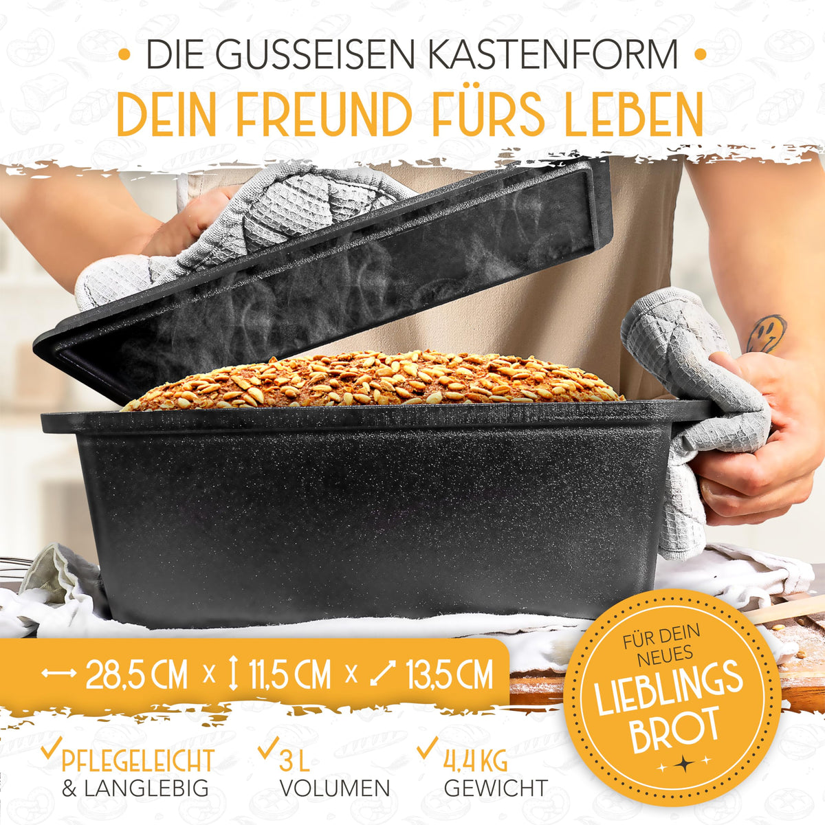 Krustenzauber Gusseisen-Brotbackform mit Deckel & Gärkorb – 28 cm