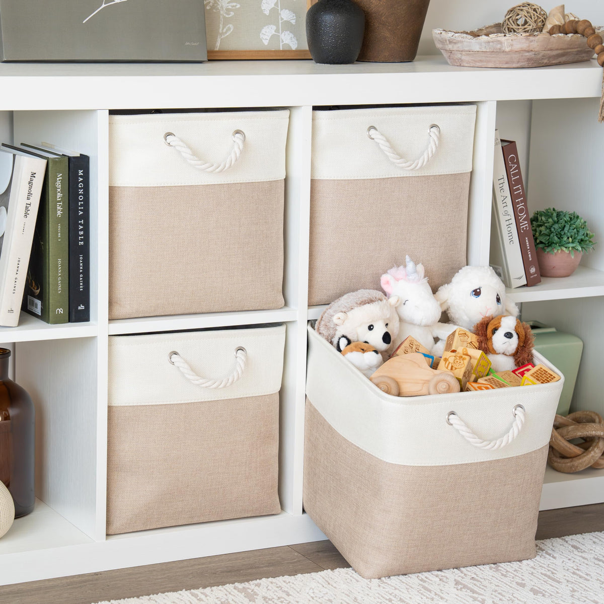 Aufbewahrungsboxen aus Stoff 33 x 33 cm – 4er-Set mit Kordelgriffen