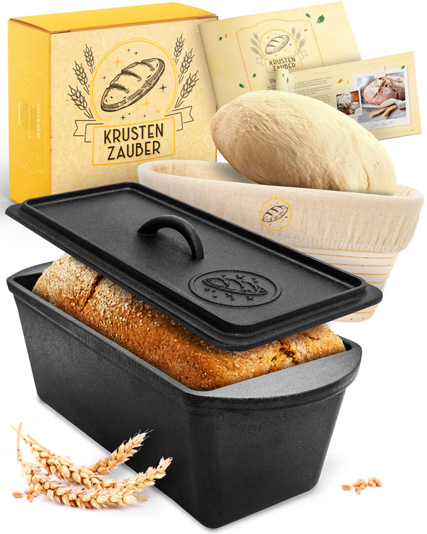 Krustenzauber Gusseisen-Brotbackform mit Deckel & Gärkorb – 28 cm