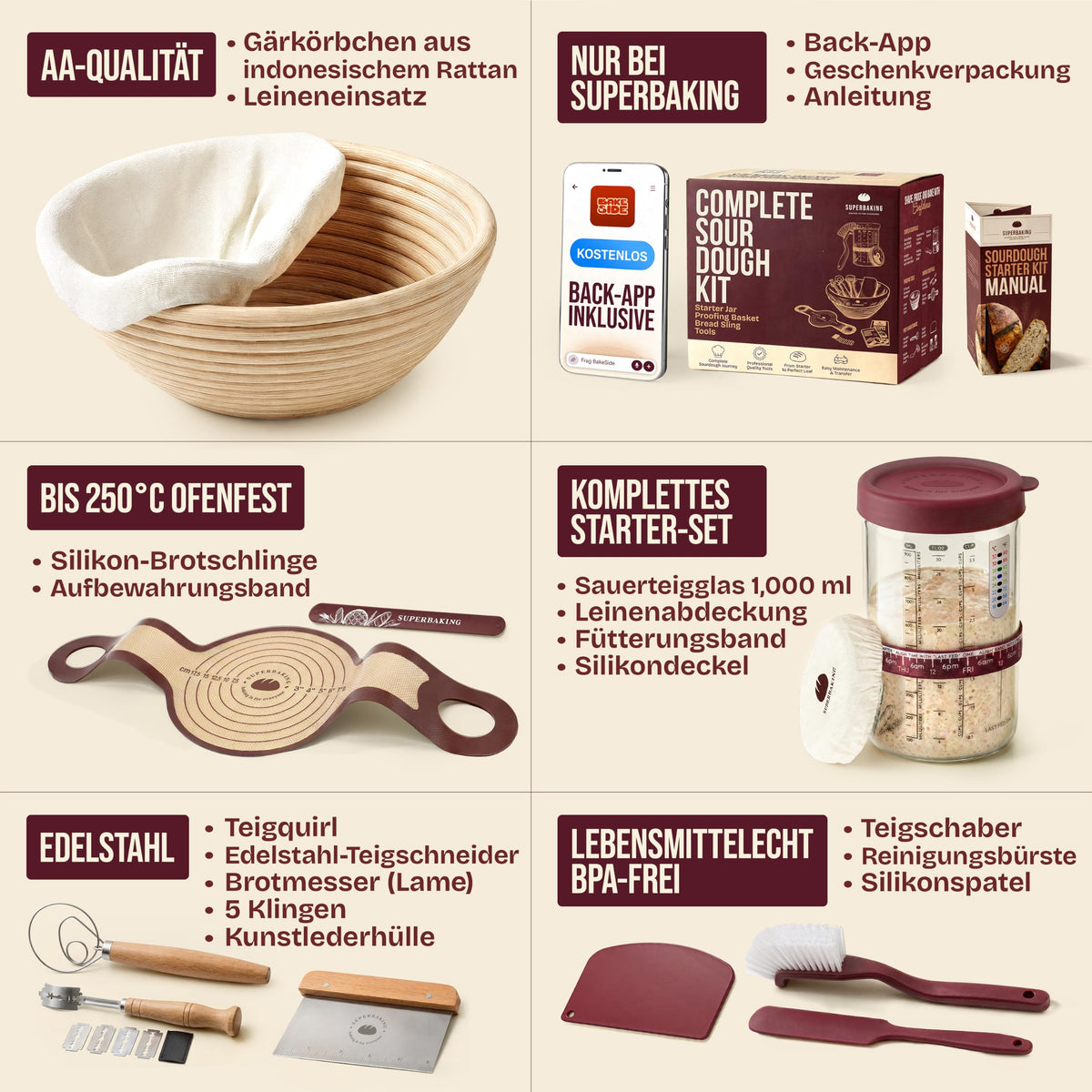 Sauerteig Starter-Set mit Gärkorb – 14-teilig