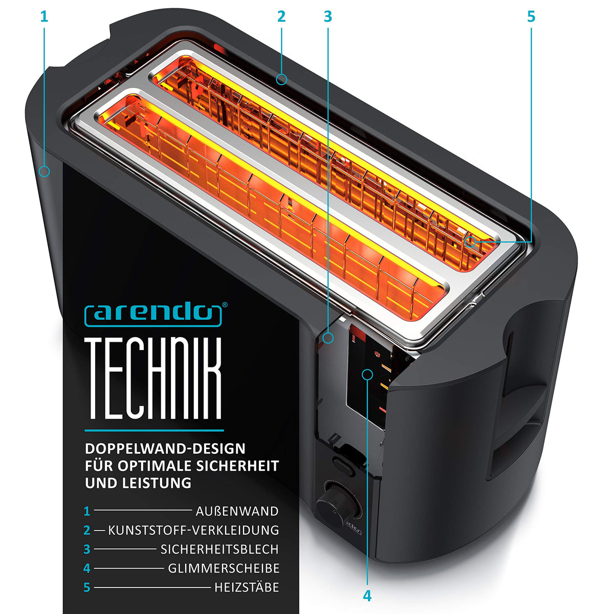 Arendo Langschlitz-Toaster mit Restzeitanzeige – 4 Scheiben, 1500 W