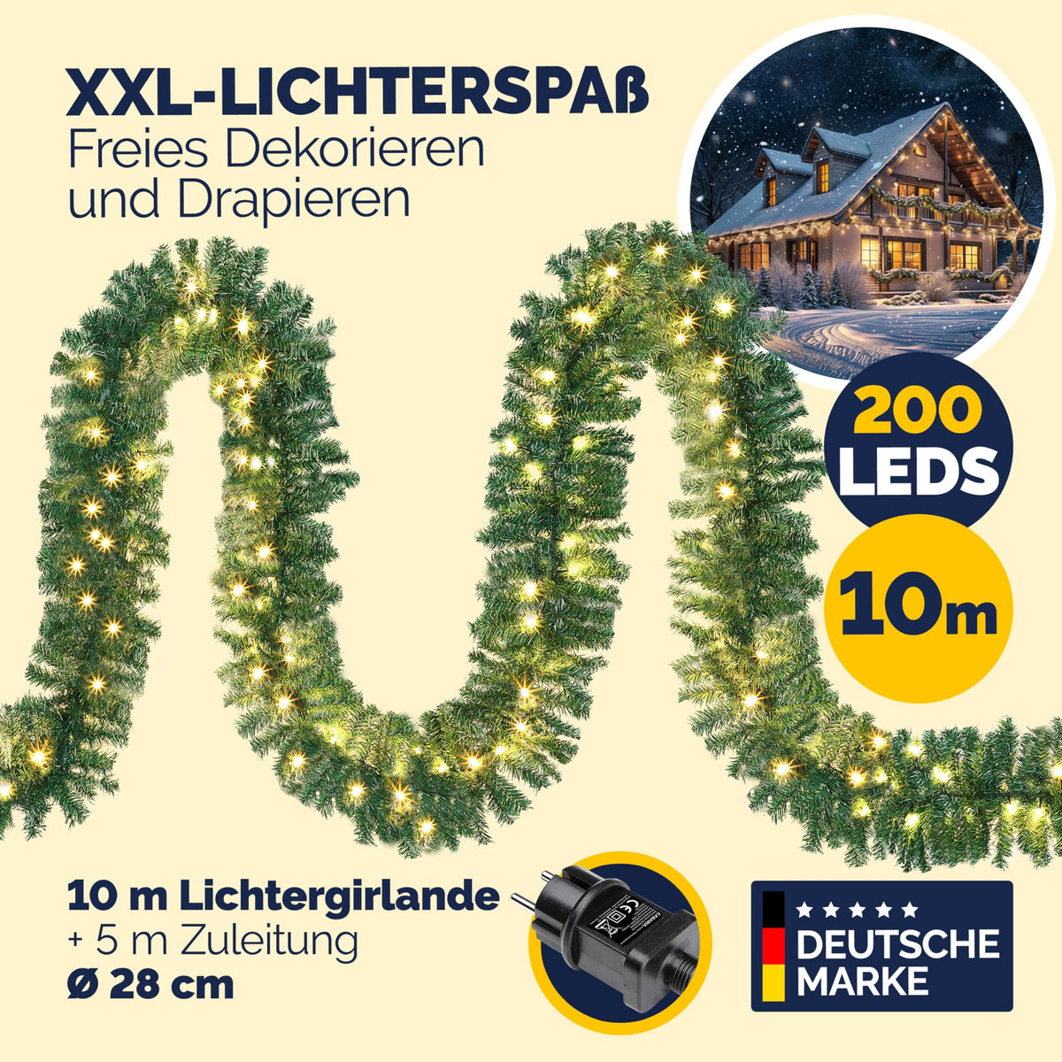 Weihnachtsgirlande mit LED-Beleuchtung – 5 oder 10 m, innen & außen