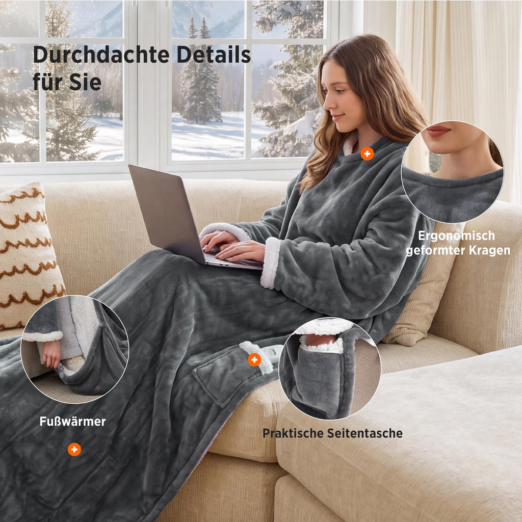 Beheizbare Kuscheldecke mit Ärmeln – 127 x 180 cm, 6 Heizstufen, Timer, Grau